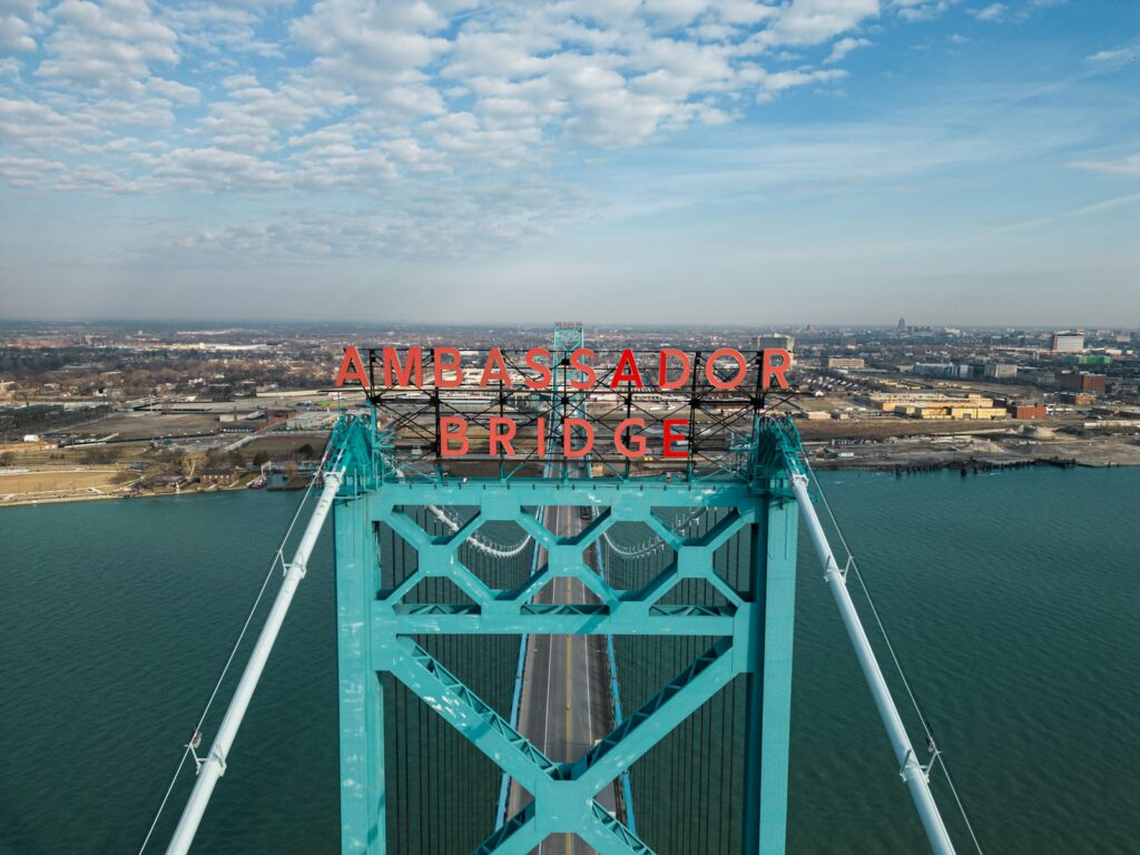 a bridge that has a sign on top of it